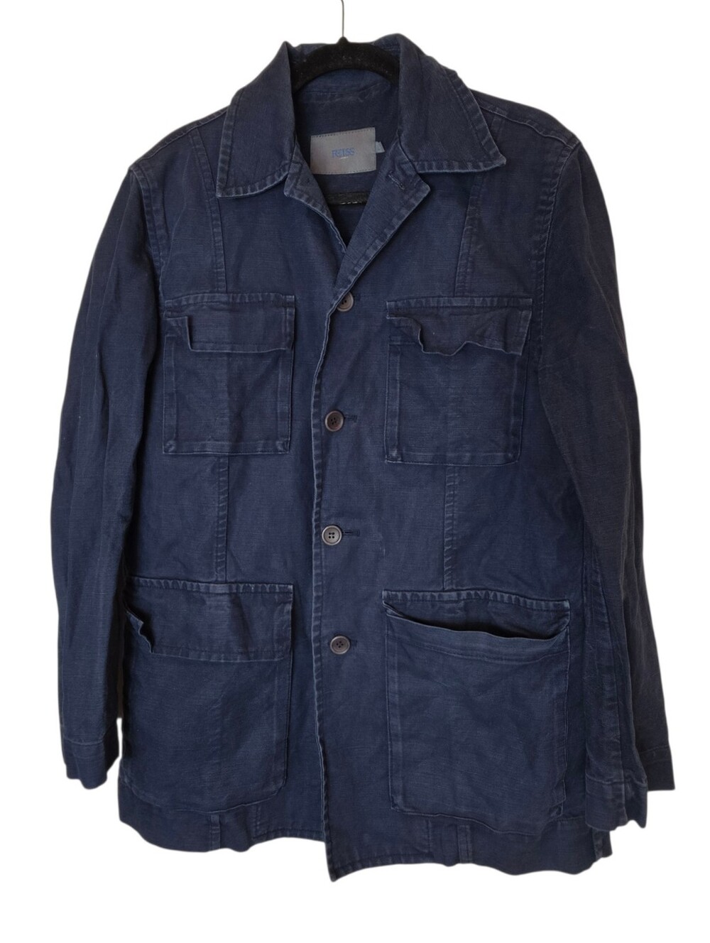 Reiss Utility Chore Jacket Size L Navy Blue Cotton Linen Blend Quiet Luxury